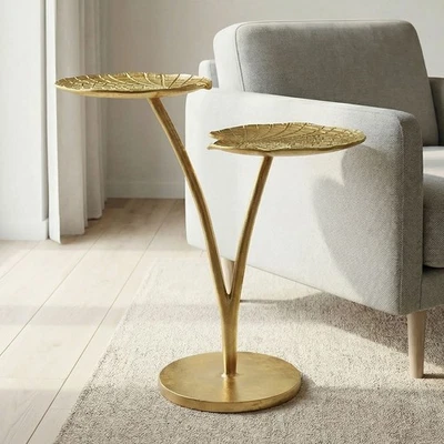 Beistelltisch Gold 57cm Alu Anstelltisch Blatt Wohnzimmertisch Couchtisch Rund - Bild 1 von 4
