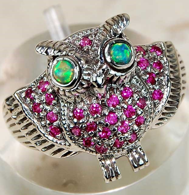 Owl 1CT  Australian Opal 925 Sterling Silver Art Deco Ring Sz 6 F6-4