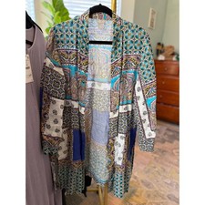 Chico's 2 Linen Kimono Jacket Boho Patchwork Paisley Open Front Duster 12/14