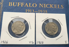 1926 & 1928 Buffalo Nickel USA Indian Head 5 Cent Coins VG Condition