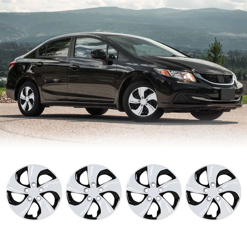15" Set of 4 Black White Wheel Covers Hub Caps For 2013-2015 HONDA CIVIC SEDAN - Image 2 of 4