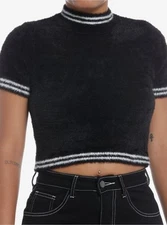 Hot Topic Social Collision Black Stripe Fuzzy Girls Crop Top