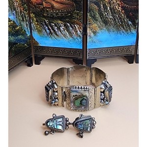 70 Yr Old TAXCO MEXICO Sterling Silver Abolone Bracelet & Earrings Set 61.66 Gr.