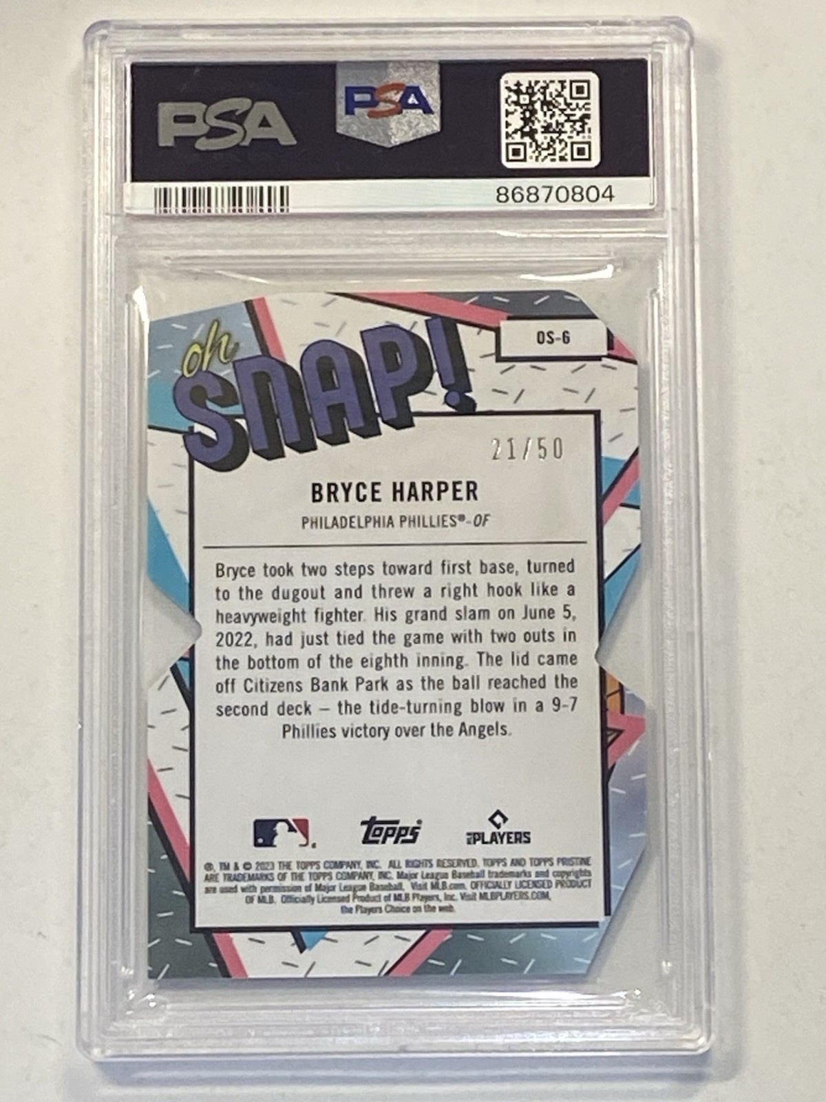 2023 Topps Pristine Bryce Harper #OS6 OH SNAP! Gold Refractor #/50 Angels PSA 10 view 2