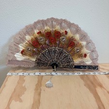 Hand Painted Spanish Lace Abanico Fan Gold Black Tassel Signed Sabado