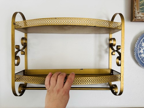 VTG Gold MCM 2 Tier Metal Wall Shelf with Towel Bar Scrolls Bathroom 17x14x6.5