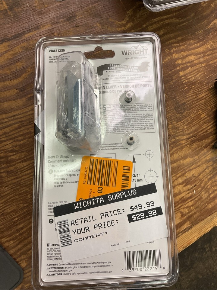 Wright Products VCA112SN Latch, Metal, Satin Nickel, 3/4 to 1-1/4 in Thick Door Wright Products VCA112SN Latch, Metal, Satin Nickel, 3/4 to 1-1/4 in Thick Door