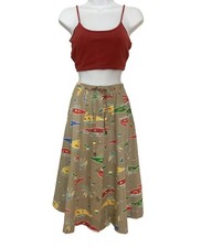 Vintage 70s Drawstring High Waist Novelty Print Crocodiles Cottage Coastal Skirt