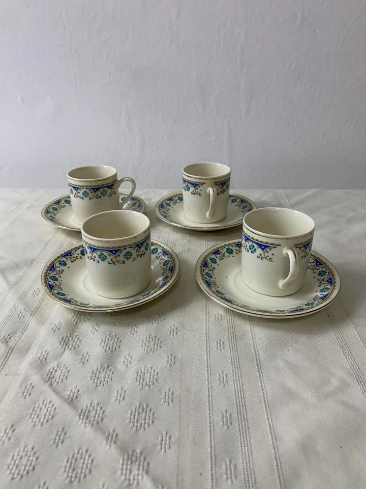 Juego De 4 Tazas Y Platillos Espresso Azul Patrón Floral Vintage Único Borde Dorado Foto 3 de 4