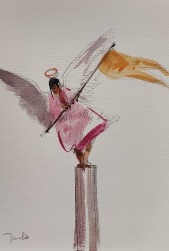 JOSE TRUJILLO Watercolor Painting Collectible ORIGINAL Angel Flag Signed