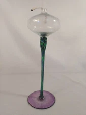 Art Glass {Includes Wick} Oil Lamp Hand Blown Unique Green Swirl Pedestal Stem