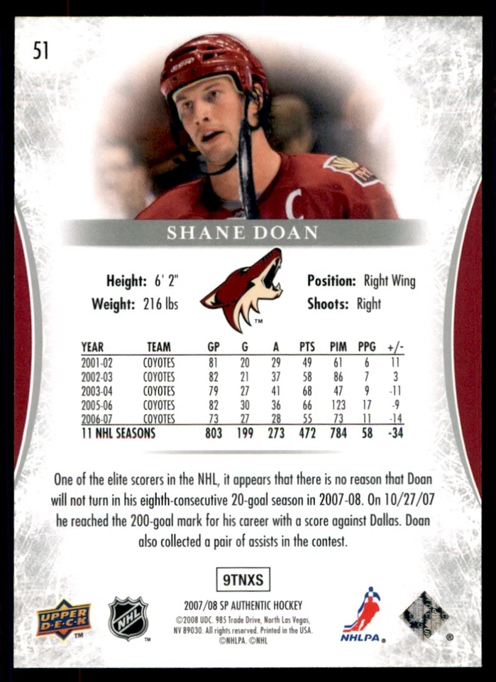 2007-08 SP Authentic Shane Doan #51 - Image 2 of 2