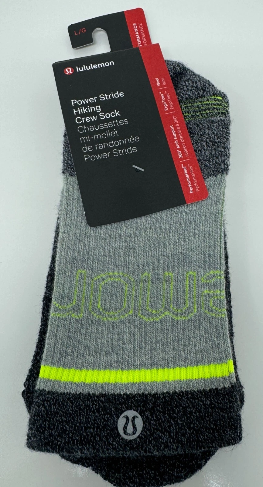 Men's Lululemon Power Stride Hiking Crew Sock Gray Black Size L Wool Blend