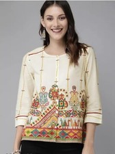 Women Indian Tunic Kurtis ; Cream coloured Jaipuri Printed Cotton Tunic Kurti