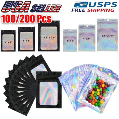 100/200 PCS Holographic Mylar Foil Bag Resealable Zip Bags Pouch Packaging Clear