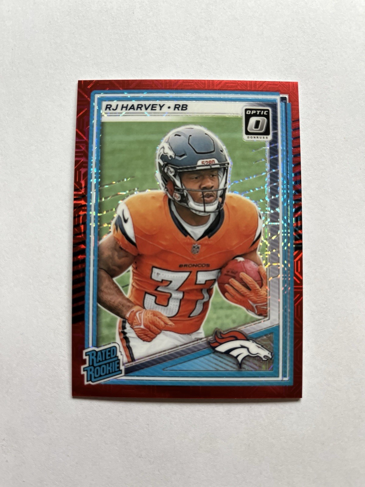 2025 Panini Donruss Optic Rated Rookie Red Mojo Prizm #208 RJ Harvey Broncos NFL