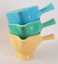 Three HL USA Fiesta ware Stick Handle Creamers Turquoise, Green, Yellow C1938-39