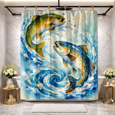 Funny Fish Design Shower Curtain 72x72 inch Polyester Fishing Bathroom Decor