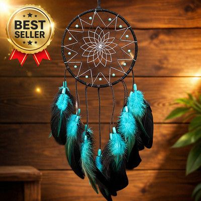 Handmade Boho Blue Dream Catcher - 20 Inch Feather Wall Hanging Decoration