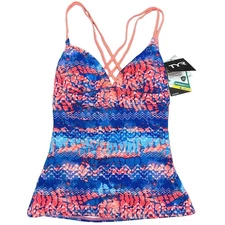 TYR DuraFast Emerald Lake Cascade Cross Tankini Top Coral Blue Large 10/12 - $40