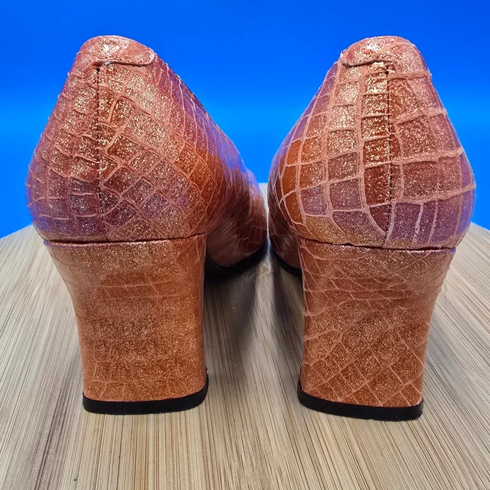 Bellini 皮革方头高跟鞋橙色鳄鱼浮雕晚会鞋 7B 二手状况完好 — 第 4/4 张图片