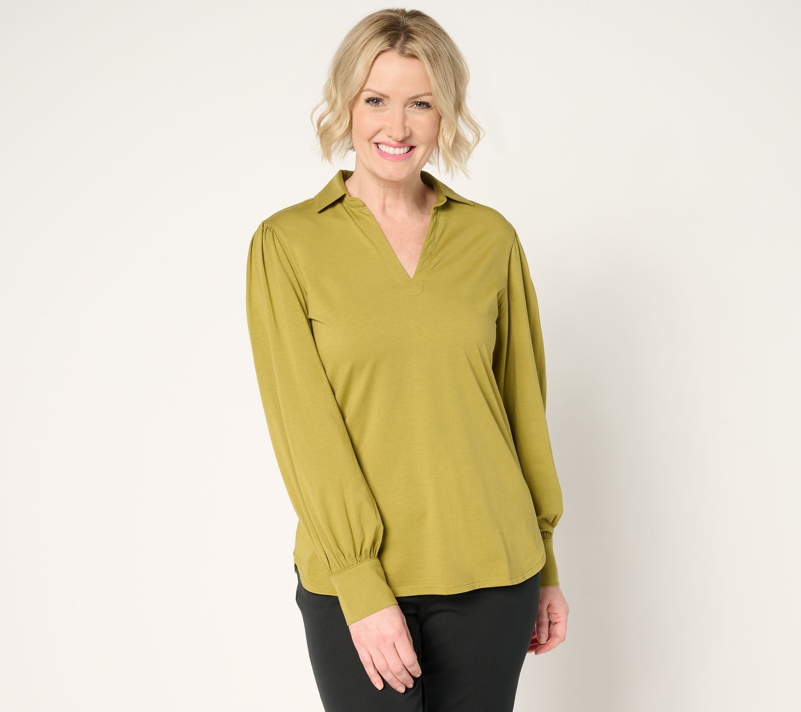 by Stacy London Women's Top Sz L Blouson Sleeve Knit Collar Green A682316
