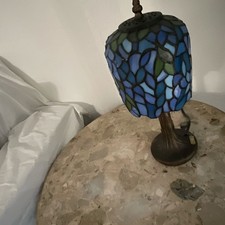 Tiffany Style Blue Green Stained Glass Floral Table Lamp, Bronze Pull Chain