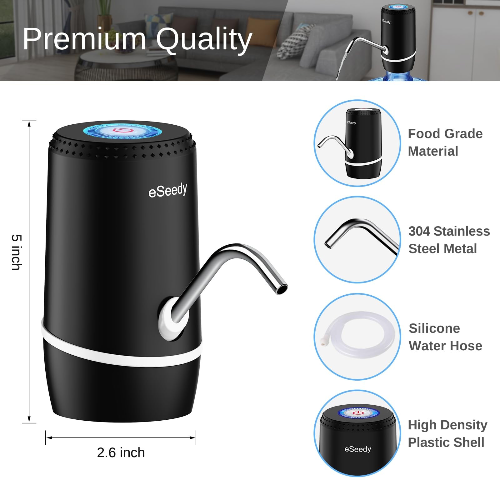 Automatic USB Rechargeable Water Pump for 5 Gallon Bottles - Black