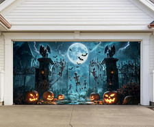 7X16 Ft Halloween Garage Door Cover Scary Skeleton Cemetery Jack-O-Lantern