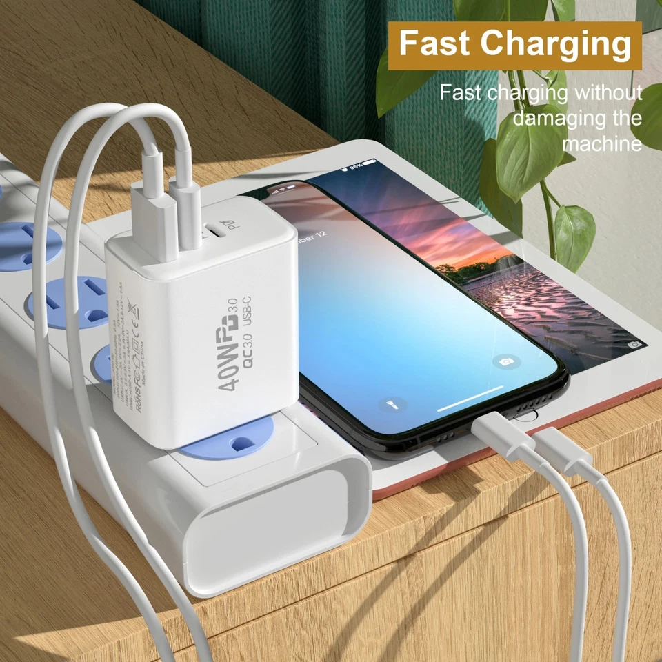 3-fach Schnellladegerät 40W Netzteil 2x USB-C + 1x USB Charger Mehrfach Stecker - Bild 2 von 4