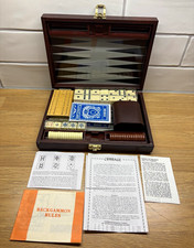 Travel Backgammon Complete Board Game Set Wooden Case Dice & Playing Cards