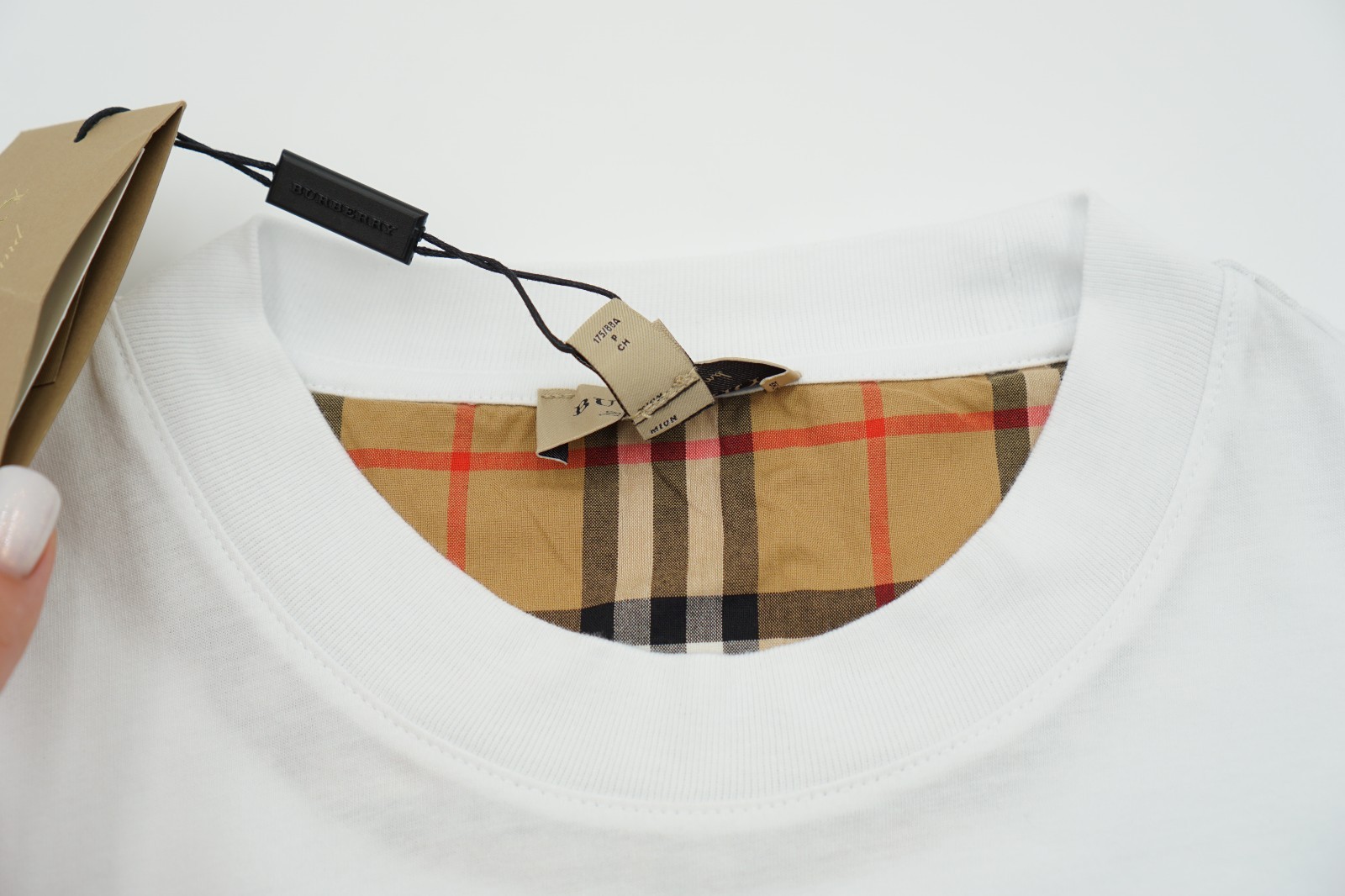 Women Burberry T-shirt White Check Sleeve Serra Crew Neck Size S image 6