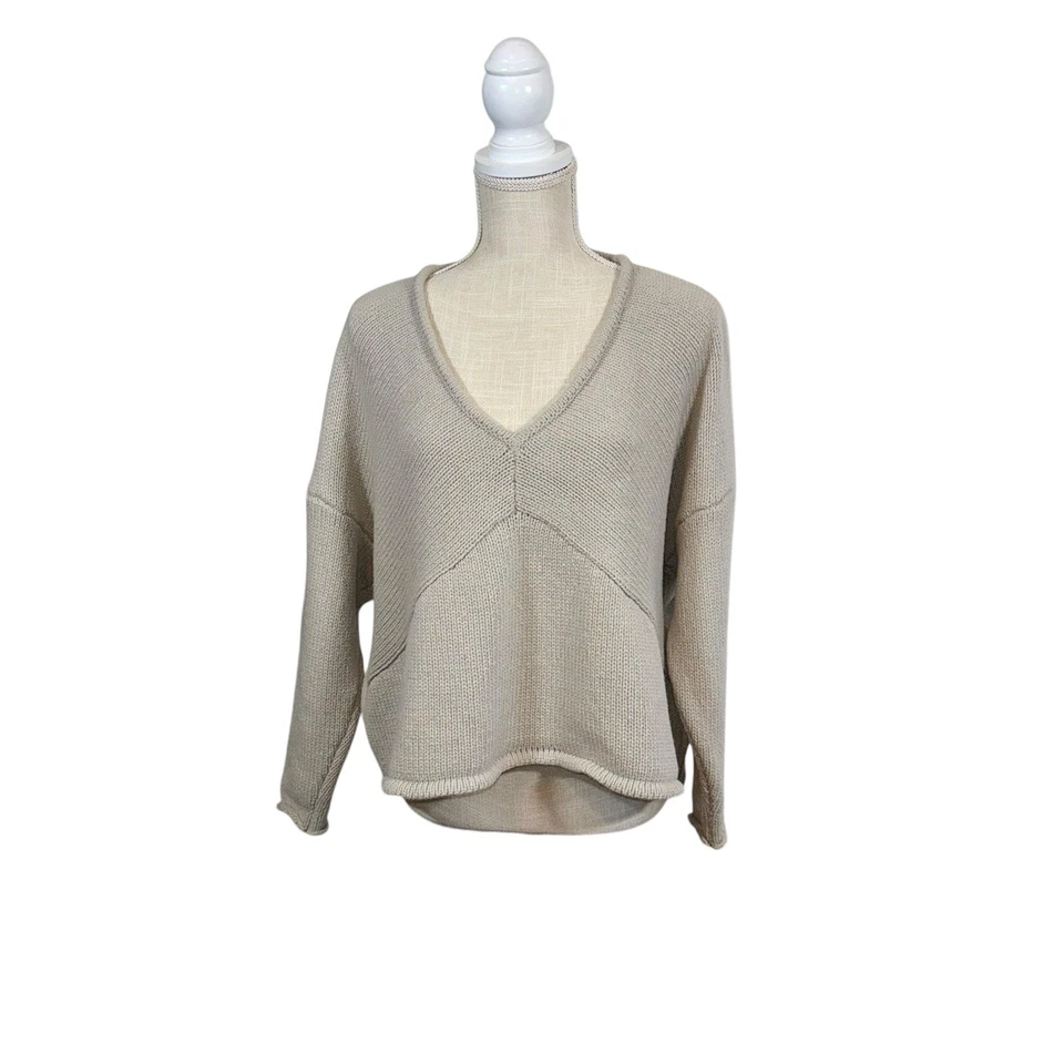 Helmut Lang Alpaca Blend Taupe V-Neck Sweater MD Beige Knit Pullover Crop Boxy - Image 2 of 4