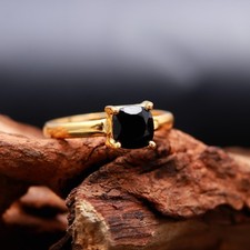 Natural Black Onyx Cushion Shape Ring Sterling Silver Gold Plated Unique Jewelry