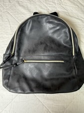 Black Faux Leather Backpack Zip Front Pocket Adjustable Straps 16x15
