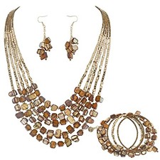 Bohemian Layered Shell Beaded Necklace Set Seed Bead Irregular Bronze Set