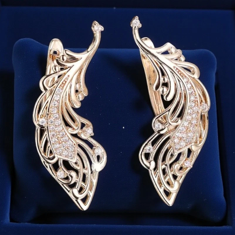 Luxuriöse Damen Creole Engelsflügel Ohrringe 14K Rosegold vergoldet Zirkonia #93