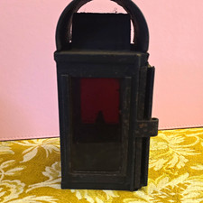 Vintage Metal Railwayana Hand Lantern w/ Red Glass Panels & Burner