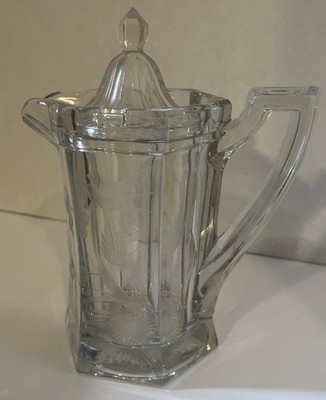 Vintage Krys-Tol Chippendale Covered Paneled Syrup Pitcher W/Lid Etched Birds +