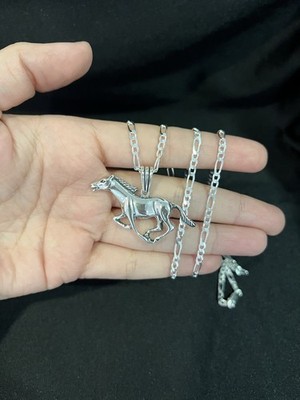 925 Sterling Silver Big Running Horse Caballo Pendant & Figaro Chain 20 24 30
