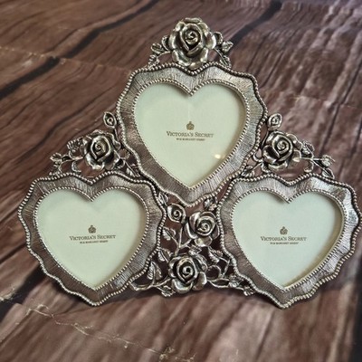 Victoria Secret Triple Heart Silver Pewter Table Top Picture Frame 8x7