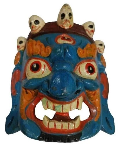 Vintage Solid Bhairava Wooden Mask Blue Wall hanging Ethnic Style Home Decor - Picture 4 of 6