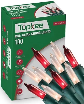 TUPKEE Christmas String Lights 100 Count - Mini Red and Clear, Candy Cane Peppermint