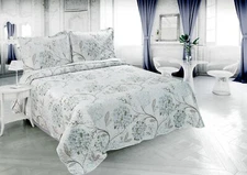 Embossed Pinsonic Printed Bedspread Coverlet Soft Quilt Set, Blue Floral Queen