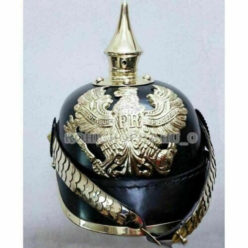 German Spiked Black Leather & Brass Pickelhaube FR Officer Helmet Imperial - Picture 2 of 10