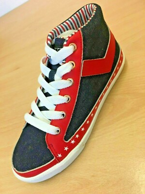 NEU PONY FEED THE CAT RETRO ROT SCHWARZ STOFF HOHE STIEFEL SNEAKER GRÖßE UK 3 36 
