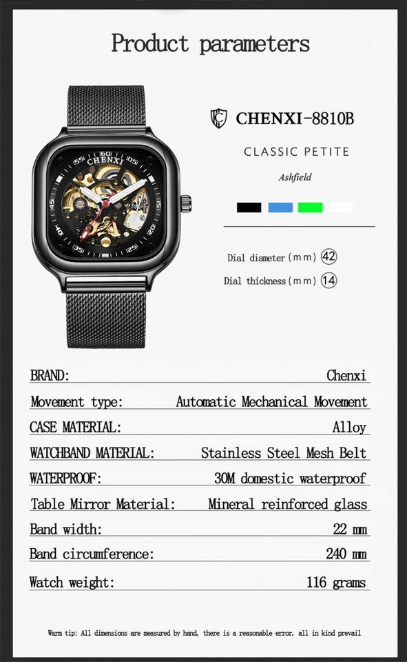CHENXI Hombres Moda Malla Banda Hueca Mecánica Automática Negocios Relojes de Pulsera Foto 3 de 4