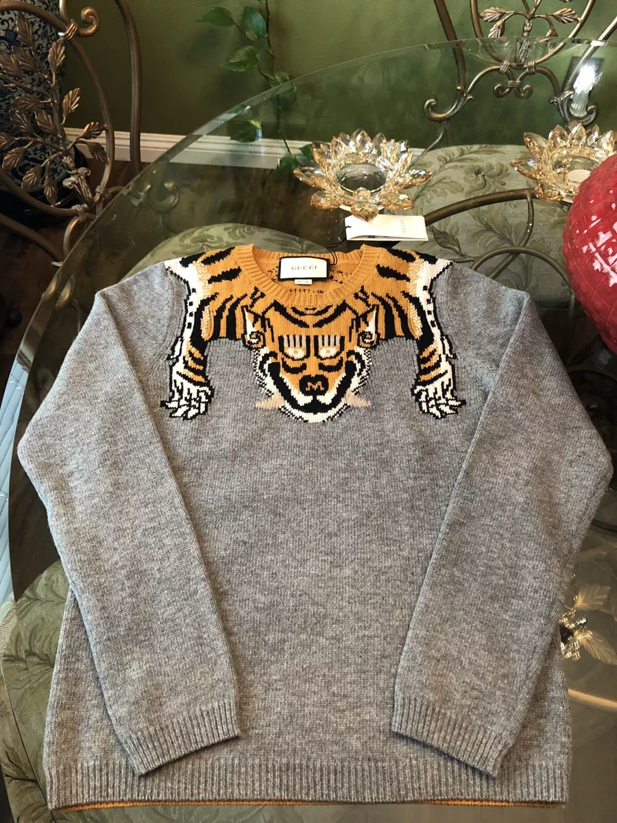 100% Authentic GUCCI Tiger Stripes Gray Wool Sweater Size: XL