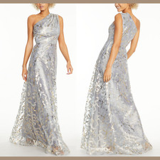NWT $349 Adrianna Papell Metallic Lace One Shoulder Gown [ SZ 12 ] #e915
