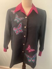 Bob Mackie Wearable Art Women Sz M Silk Butterfly Theme Button Up Blouse LS EUC